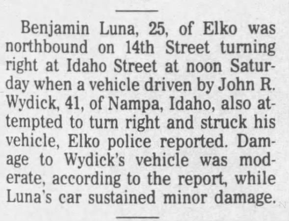 John R. Wydick Elko accident